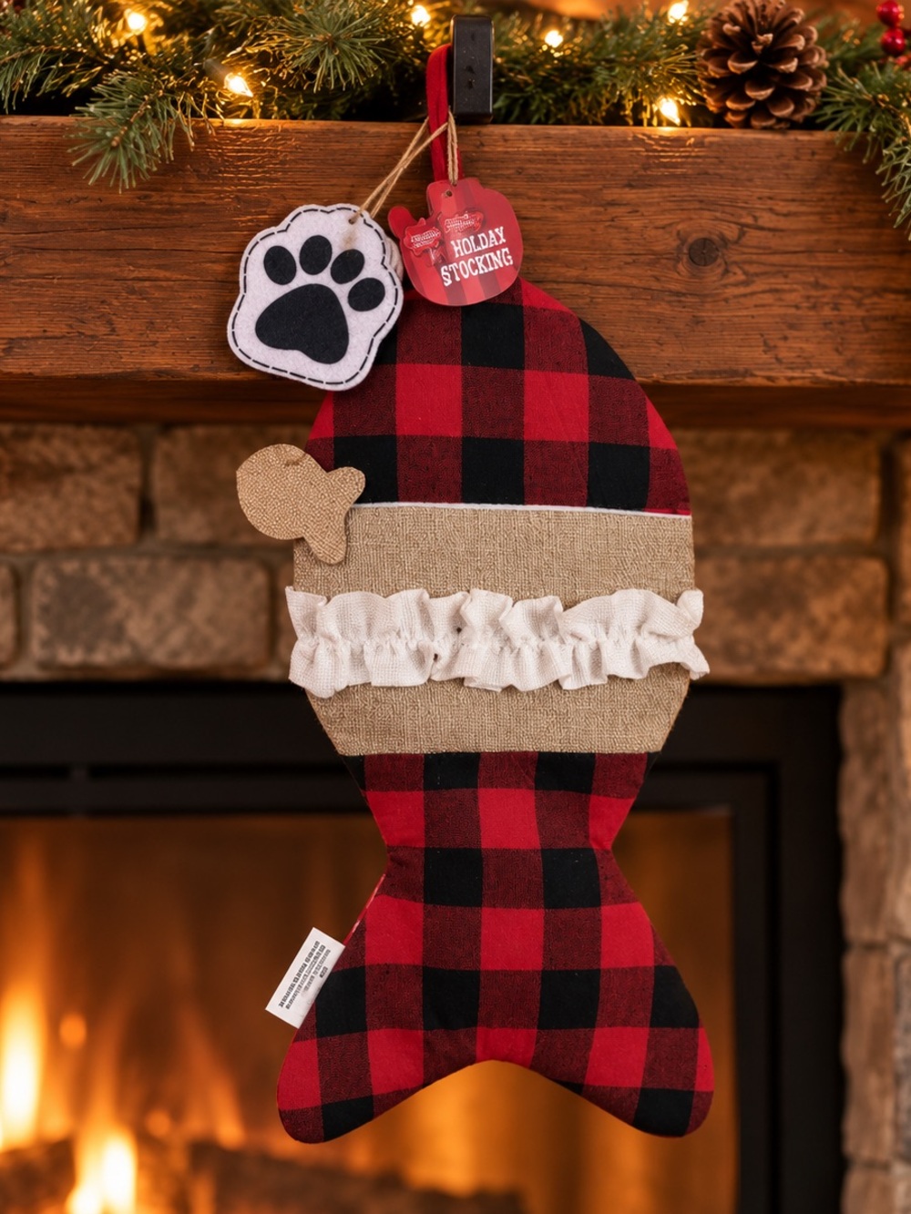 Cat Fish Christmas Stocking Buffalo Plaid NWT